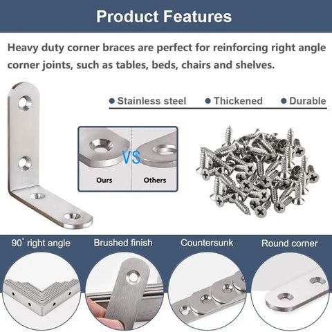 Tough As Nails Six Piece Stainless Steel L Brackets Corner Brace 90 Degree Shelf Support For Wood Projects with screws, durable and thickened.