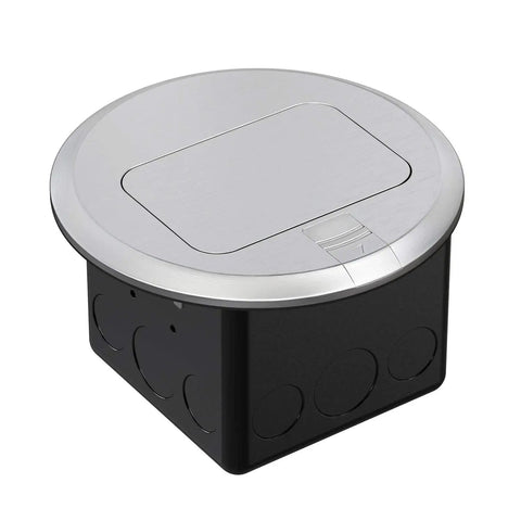 Round Pop Up Floor Outlet Box With 20 Amp USB Tamper Resistant Receptacle ETL Listed, stainless steel housing, closed cover view