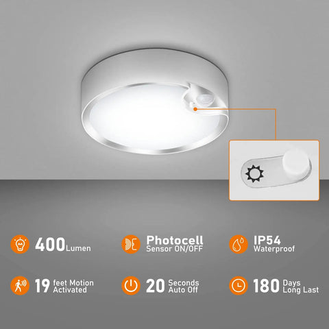 Motion Sensor Ceiling Light Battery Operated Led 400LM For Indoor And Outdoor Use, showing photocell sensor and light features.
