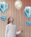 Girl with 4D Hot Air Balloon Mylar Foil Balloons 35 Inch Blue 4 Pack Helium Floating Decorations For Kids Birthday Party