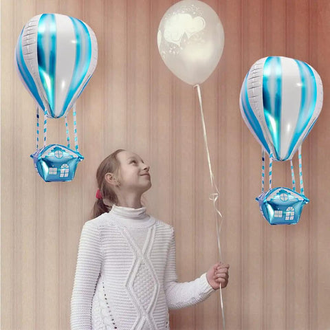 Girl with 4D Hot Air Balloon Mylar Foil Balloons 35 Inch Blue 4 Pack Helium Floating Decorations For Kids Birthday Party