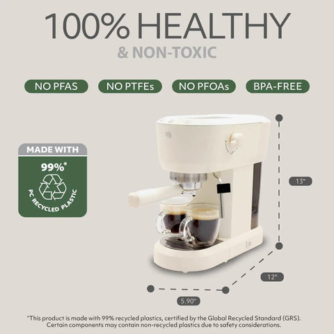 Next Level Eco Series Espresso Machine With Built In Tamper And Silky Milk Frother 15 Bar Coffee Maker showcasing eco-friendly design.