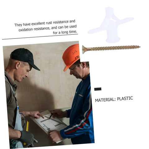 Two workers discussing plans with Heavy Duty Wall Anchors 100 Pack For Drywall And Plasterboard Fixings, screw and plastic anchor visible