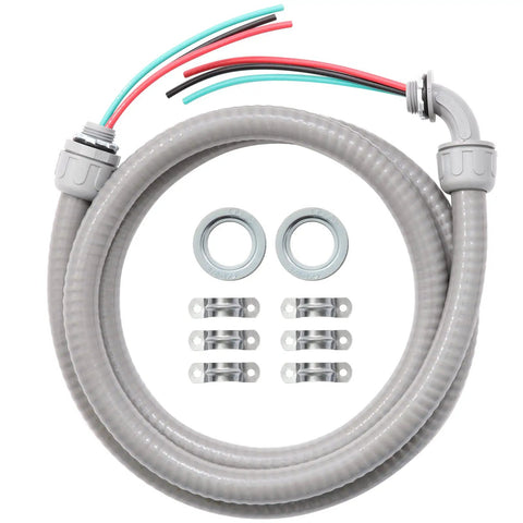Flexible Half Inch Non Metallic Liquid Tight Electrical Conduit Kit, Six Foot Length With One Straight and 90 Degree Fittings Plus Six Snaps