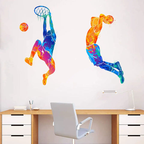 Watercolor Basketball Player Dunk Wall Stickers Dope For Boys And Teens Silhouette Peel And Stick Removable Wall Decor Art Murals