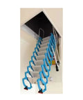 Heavy Duty Electric Attic Ladder, Remote Controlled Ceiling Pull Down, built tough forged aluminum visible in open position.