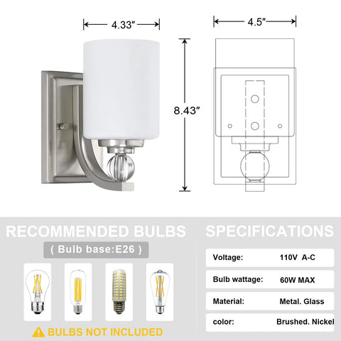 2 Pack Dope Modern Glass Wall Sconces With Crystal And Frosted Glass Shades, Brushed Nickel Finish, UL Certified, E26 Socket Diagram