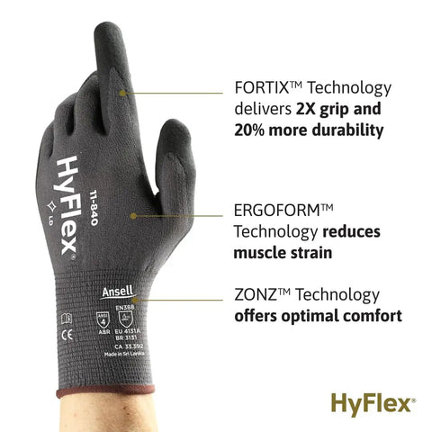 HyFlex 11-840 Ergonomic Abrasion Resistant Foam Nitrile Coated Work Gloves showing durability features