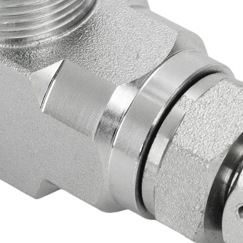 Close-up of AUTOVIC STB-G3/8 3/8 in L08 hydraulic flow control valve for mini excavator, silver metal.