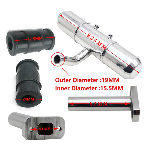 Beefed Up Aluminum Twin Tuning Exhaust Pipe Kit for 1/5 Scale RC Cars with measurements and parts visible
