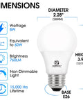 Diagram of dimensions and features for 24 Pack A19 LED Bulbs 8W 760 Lumens 5000K Daylight, 60W Equivalent, E26 Base, Non Dimmable