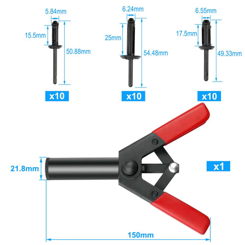 All In One Rivet Gun Set With Nylon Blind Rivets In Three Sizes 30 Pieces Hand Riveter For Automotive Repairs And More