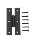 Pack Of 4 Black Wrought Iron Cabinet Hinges 3 Inch Flush Mount H Style Antique RSF Finish with screws visible
