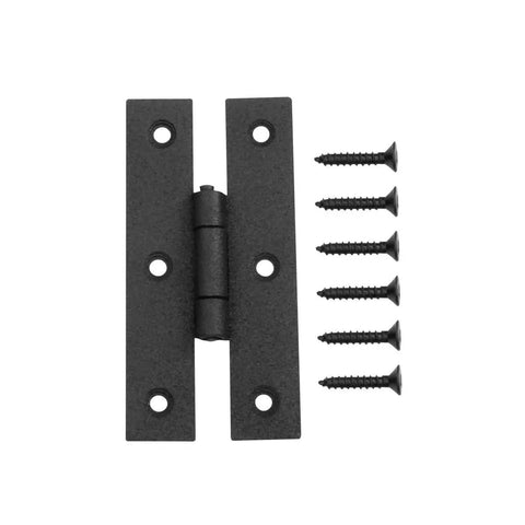 Pack Of 4 Black Wrought Iron Cabinet Hinges 3 Inch Flush Mount H Style Antique RSF Finish with screws visible