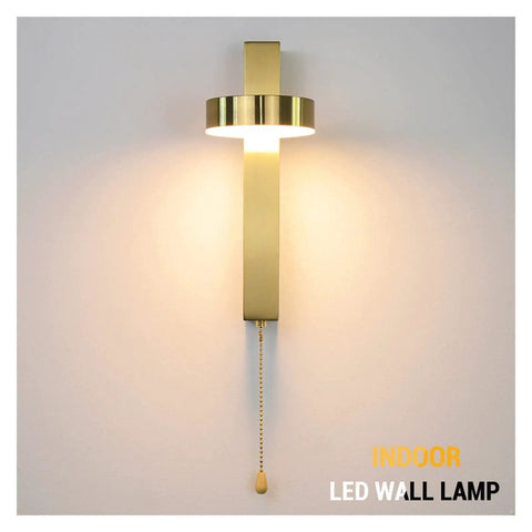 Top Shelf Modern Led Wall Lamp Solid Aluminum Body Nordic Design Indoor Light Fixture With Wall Switch Warm Mood Setting Amps Up Any Space Perfect For Bedroom Hallway Cozy Home Decor, gold LED wall lamp with pull chain switch.
