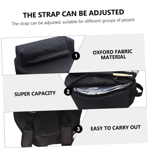 Tour Ready Waterproof Drum Backpack And Oxford Cloth Gig Bag With Padded Adjustable Straps showing adjustable strap and inner capacity.