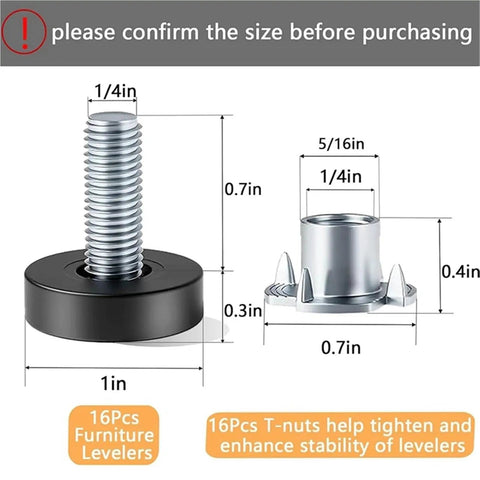 32 Piece Leveling Feet Set For Furniture With One Quarter Inch Thread T Nuts Adjustable Screws Rotatable Design Wide Bearing Base To Prevent Scratches And Slippage On Wood Tables Chairs And Cabinets, 1/4in size shown