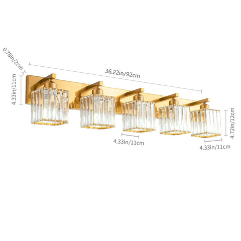 Gold Crystal 5 Light Vanity Wall Fixture Modern Glam Finish E26 LED Ready Bathroom Vanity Light with Dimmable Bulbs 36 Inch Long