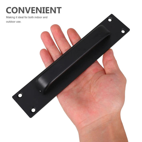 Black Exterior Door Handle Heavy Duty Barn Door Pull With Surface Mount Holes Universal Fit For Sliding Doors shown in hand
