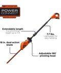 20V Max Cordless Pole Hedge Trimmer With 18-Inch Dual-Action Blade, Lightweight Long Reach Up To 11 Feet shown with features labeled