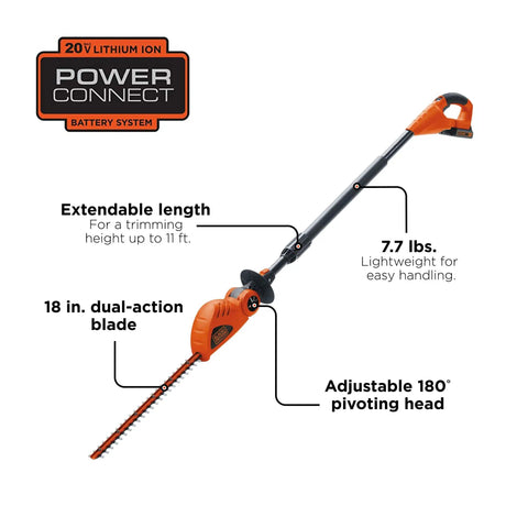 20V Max Cordless Pole Hedge Trimmer With 18-Inch Dual-Action Blade, Lightweight Long Reach Up To 11 Feet shown with features labeled