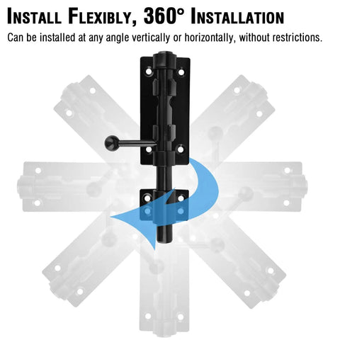 Kickass Heavy Duty Slide Bolt Gate Latch, Solid Stainless Steel Security Bolt Locks For Fences Backyards Garage Doors Cupboards And Windows, 7.8 Inch Black Double Pack, 360-degree installation flexibility shown.
