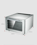Professional Stainless Steel 5 Tray Food Dehydrator With Smart Touch Panel And Precise Heat Controls Using Horizontal Airflow To Dry Fruits Vegetables Herbs And Homemade Jerky As A Hella Top Shelf Win, side view with dimensions displayed.