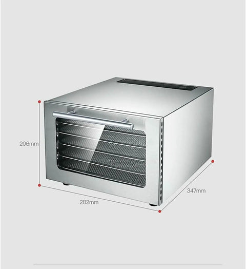 Professional Stainless Steel 5 Tray Food Dehydrator With Smart Touch Panel And Precise Heat Controls Using Horizontal Airflow To Dry Fruits Vegetables Herbs And Homemade Jerky As A Hella Top Shelf Win, side view with dimensions displayed.