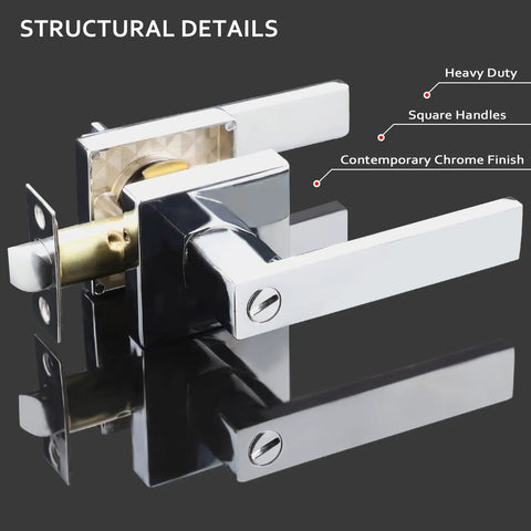 Polished Chrome Door Lever Set 6 Pack Heavy Duty Privacy Interior Door Handles Left Or Right Handed, contemporary square detail