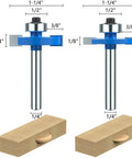 Pack Of 7 Top Notch Carbide Router Bits Set With Ball Bearings showing two router bits with dimensions for carpentry.
