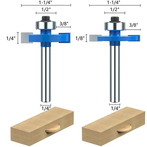 Pack Of 7 Top Notch Carbide Router Bits Set With Ball Bearings showing two router bits with dimensions for carpentry.