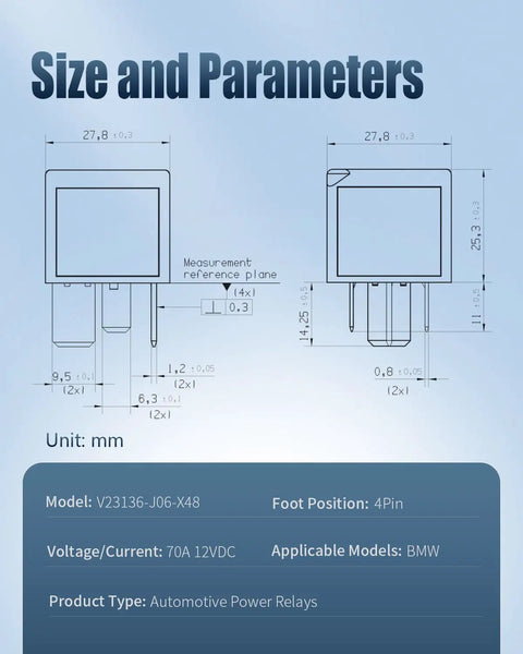 Technical diagram of BMW V23136 J6 X48 12V Automotive Power Relay, showing dimensions and specifications.