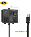 Automatic Vacuum Switch With Dual Power Outlets And Smart Delay Timer Kicks In Smooth To Dodge Breaker Tripping Keeps Shop Air Clean And Lets You Breathe Easy So Your Project Runs Without Hiccups Black Casing size dimensions 3.8x3.4 inches with 15.7 inch power cord.