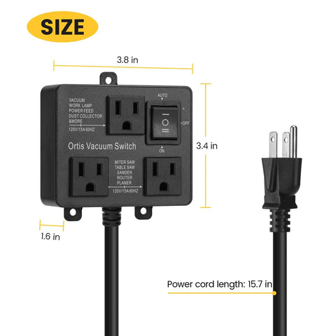 Automatic Vacuum Switch With Dual Power Outlets And Smart Delay Timer Kicks In Smooth To Dodge Breaker Tripping Keeps Shop Air Clean And Lets You Breathe Easy So Your Project Runs Without Hiccups Black Casing size dimensions 3.8x3.4 inches with 15.7 inch power cord.