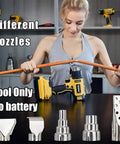 Person using Cordless Heat Gun 350W Fast Heating 572F-1022F 300C-550C Hot Air Tool For 20V Battery with 5 nozzle types visible