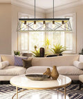 Five Light Industrial Kitchen Island Pendant Light Fixture With Oak White Frame in bright living room setting.