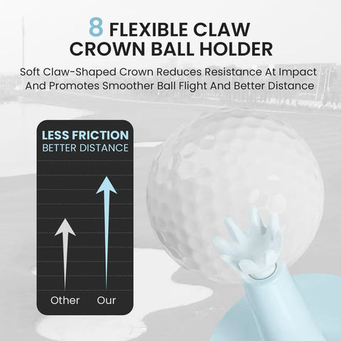 Unbreakable Rubber Golf Tee With Adjustable Height From 2.1 To 2.9 Inches, showing 8-claw grip stabilizing a golf ball.