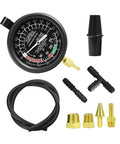 Heavy Duty Car Fuel Pump And Vacuum Tester Gauge Kit 9 Piece Shop Grade with gauge, hoses, and connectors for diagnostics.