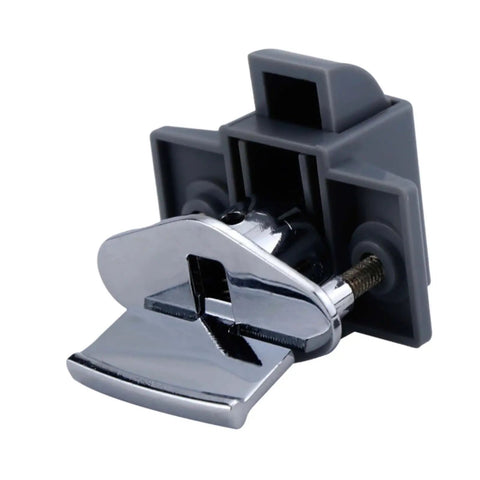 Chrome push button drawer latch lock with grey housing, compact 4x6x4 cm, ideal for RVs motorhomes boats yachts and homes durable travel ready