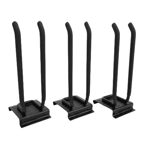 Heavy Duty Wall Mounted Garage Tool Organizer Rack With Adjustable Hooks And Tough Steel Frame Built To Kick Shop Clutter To The Curb While Holding Up To 360 Lb Of Shovels And Garden Tools, featuring three black metal support hooks.