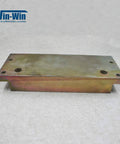 Front view of Win-Win hydraulic manifold top-mount block for waterjet, metal with rainbow finish and multiple through-holes.