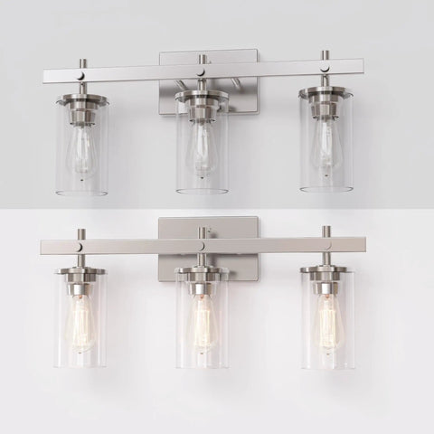 Modern Farmhouse Three Light Vanity Light With Clear Glass Shades In Brushed Nickel For Bathroom Hallway Entryway Kitchen Mirror And Laundry Room Must Have For Any Modern Bathroom Or Powder Room And Hallway Decor