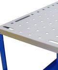 Heavy Duty Steel Welding Table And Rolling Workbench 36 X 18 Inch surface showing precision holes and tool slots for versatile use.
