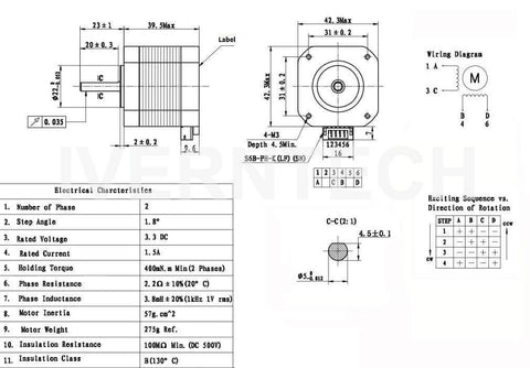 Technical diagram of Nema 17 Stepper Motor 42x40mm Body Bipolar 1.5A 400mN.m 2 Phase 4 Wires 1.8° for 3D Printer or CNC Machine