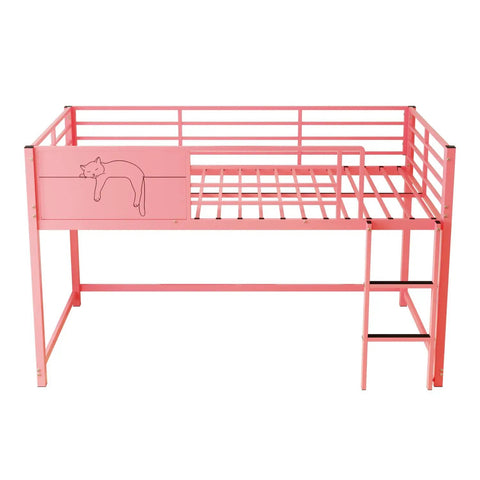 Twin Size Guardrail Bed Frame With Under Bed Storage And Decorative Options For Kid Rooms. Sturdy pink metal frame with ladder.