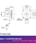 iMetrx NEMA 17 pancake stepper motor blueprint, 42x23 mm housing, 2-phase, 4 wires, 1.8° step, front and side views