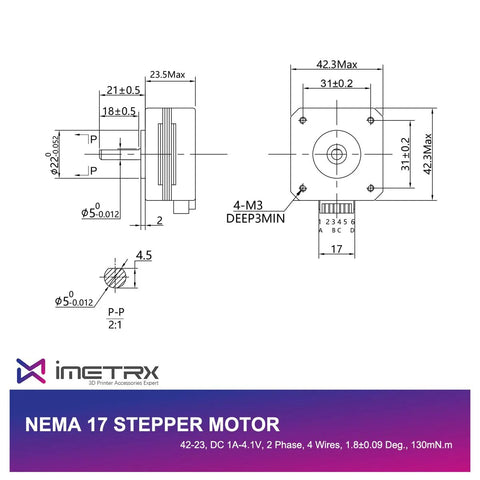 iMetrx NEMA 17 pancake stepper motor blueprint, 42x23 mm housing, 2-phase, 4 wires, 1.8° step, front and side views