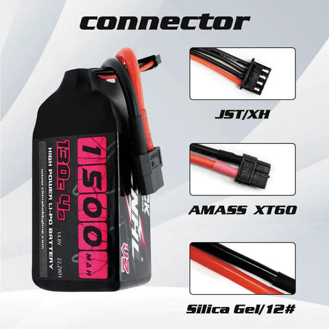 1500mAh 4S LiPo Battery 130C Burst 260C With XT60 Plug, JST/XH connectors, for FPV drones, RC vehicles, 2 pack