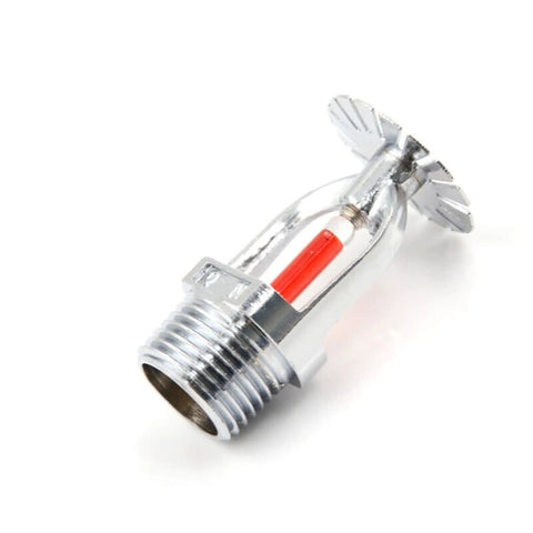 Five Pack Rock Solid 3/4 Inch Fire Sprinkler Heads Featuring Chrome Brass Bodies And Snappy 155F Red Bulbs To Keep Your Property Bulletproof All Year Long - close-up of chrome brass fire sprinkler head.