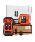 Heavy Duty Industrial Wireless Remote Control For Hoists And Cranes ACDC 12-24V With Long Range Transmitter Receiver IP65 Weather Resistant Build For Rigging Applications exposure with controller, receiver, and manual.